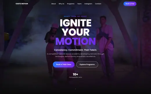 Tampilan situs Ignite Motion Dance