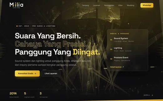 Tampilan situs Milia Sound & Lighting
